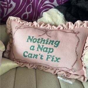 Pink Decorative Pillow with Green Text